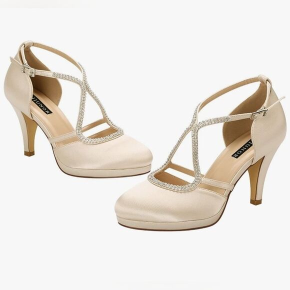 🩵NWOB Champagne Rhinestone Satin Strappy Platform Heels Size 8 - Picture 2 of 14